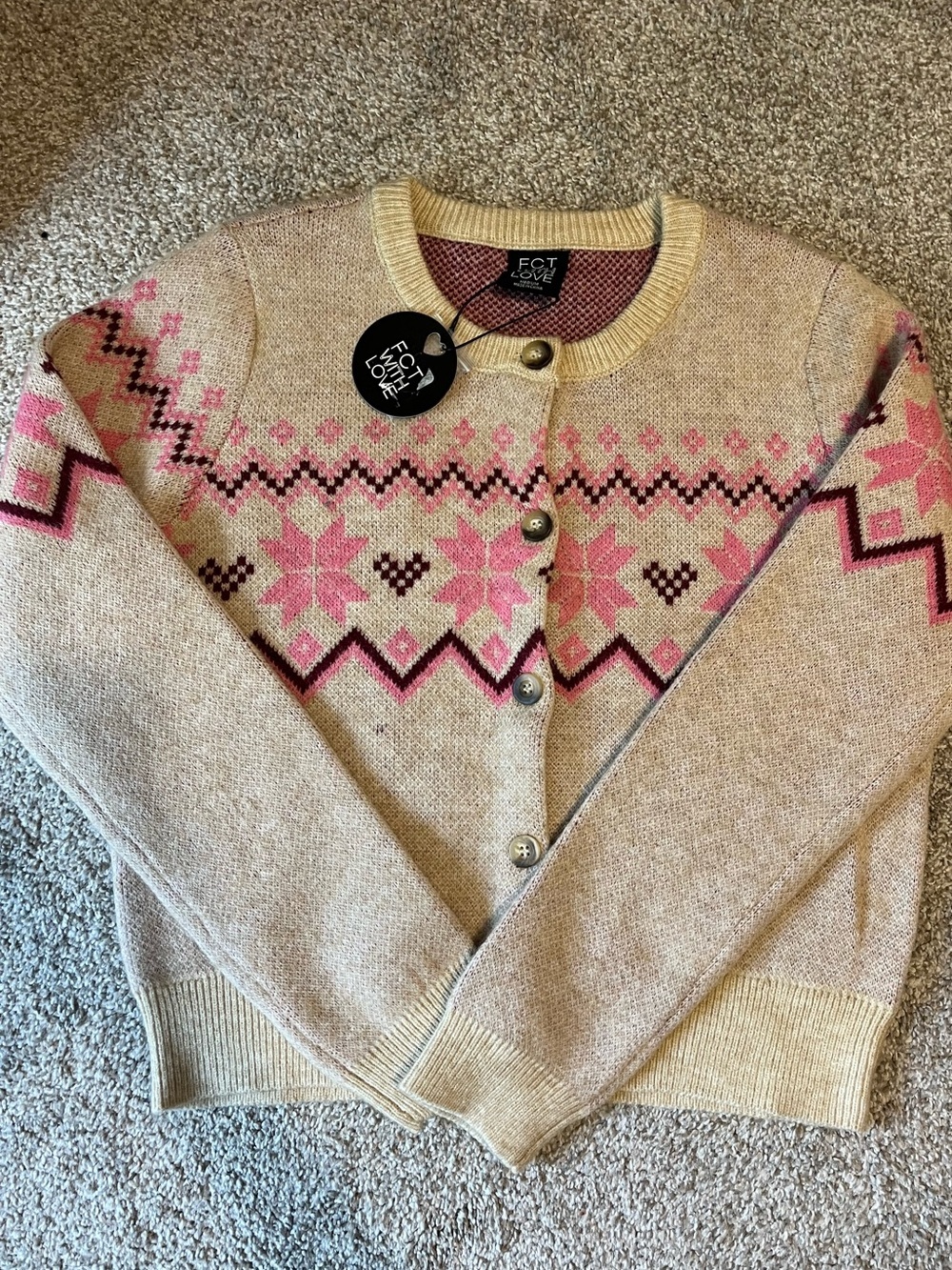 FCT Love Cream/Tan and Pink Fair Isle Button Cardigan Sz M NWT